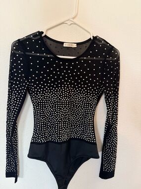 Ever B Black Long-Sleeve Embellished Mesh Bodysuit
